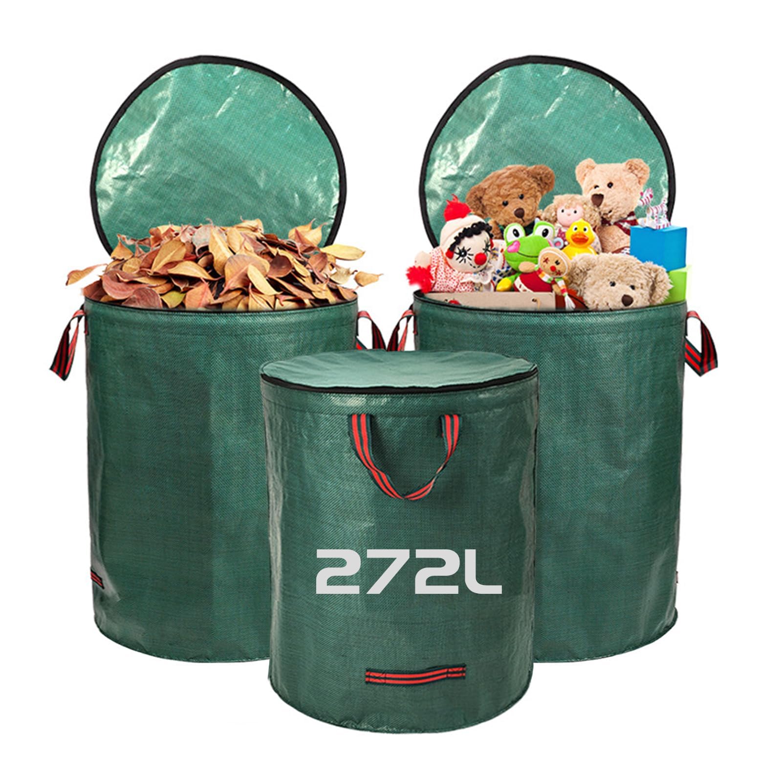 Ruucy Garden Waste Bags, 3 x 272L Garden Rubbish Bags Heavy Duty with Handles and Lid, Large Gardening Refuse Sacks Foldable for Grass Leaves Trash Debris