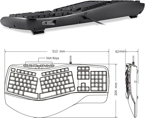 Miniatura 5 de Perixx PERIBOARD-312 Teclado ergonómico retroiluminado - USB con cable con 2 concentradores - Diseño ergonómico natural dividido - LED blanco - Negro