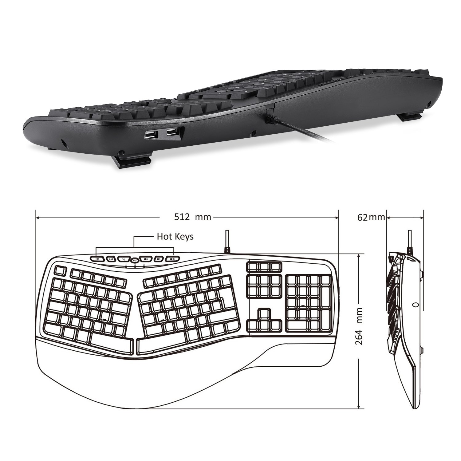 Perixx PERIBOARD-312 Ergonomiczna klawiatura podświetlana z dzielonym wzorem, Big Print Keys, 2 dodatkowe koncentratory USB, czarna, US QWERTY International
