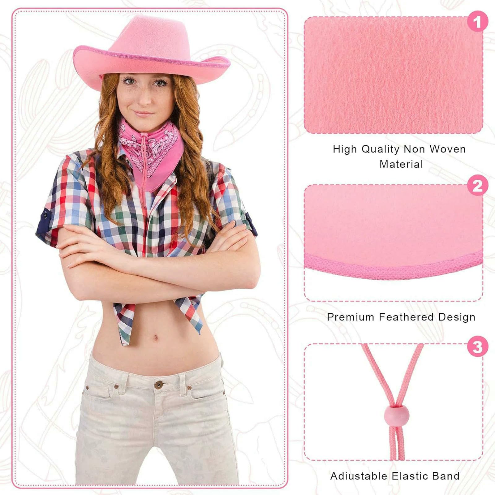 Gorro Pescador Negro Cowboy Hat Heart Gafas De Sol Paisley Bandana Set, Mujeres Soltero Kit Disfraz Fiesta, Estilo Occidental-Pink Set-24pcs