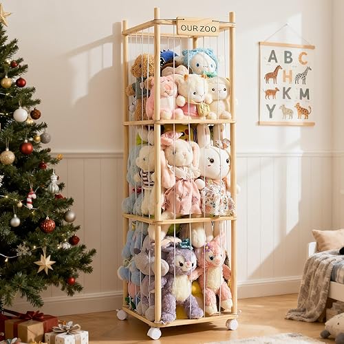 Organizador de almacenamiento de animales de peluche de madera, ahorro de espacio y capacidad extra grande, almacenamiento de zoológico de animales