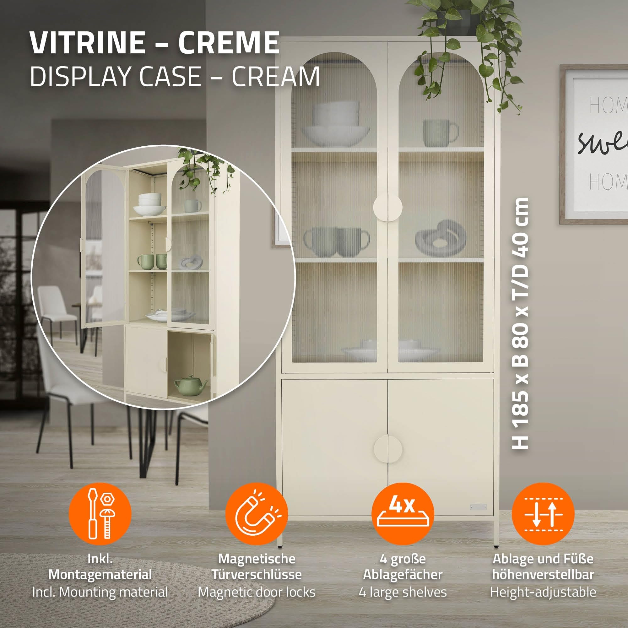 ML-Design Vitrinenschrank 80x185x40 cm aus Stahl, Creme, Küchenschrank mit 4 Ablage-/Regalfächer & 4 Türen, Metall Vitrine Hochschrank Bücherschrank Aktenschrank, Aufbewahrungsschrank für Wohnzimmer