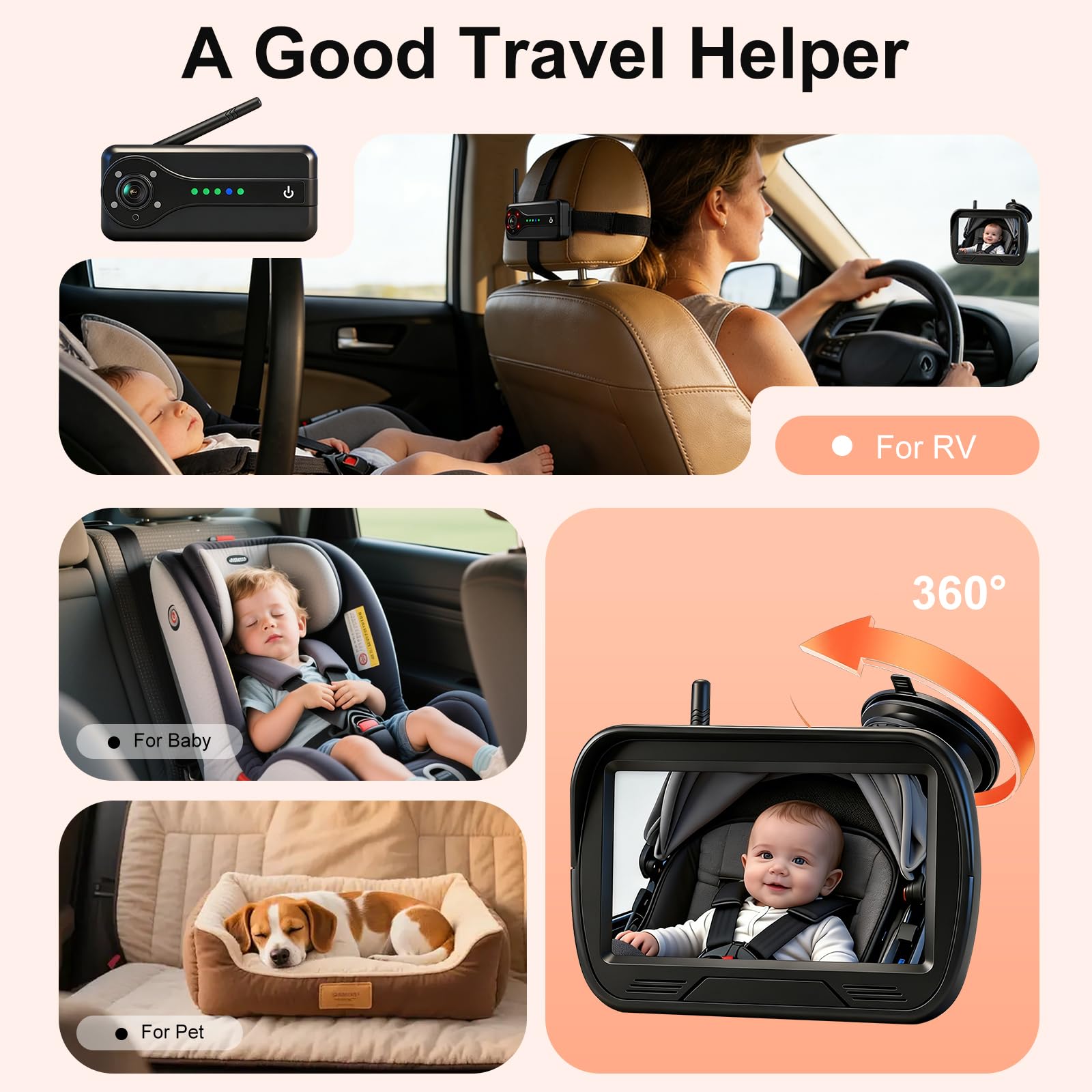OBEST Espejo Coche Bebé Asiento Trasero Inalámbrica WiFi con Pantalla 4.3" | Retrovisor Cámara Bebe Coche Kit 1080P HD Visión Nocturna, 24H Espejo Camara Coche Bebe Ajustable 360, Plug and Play