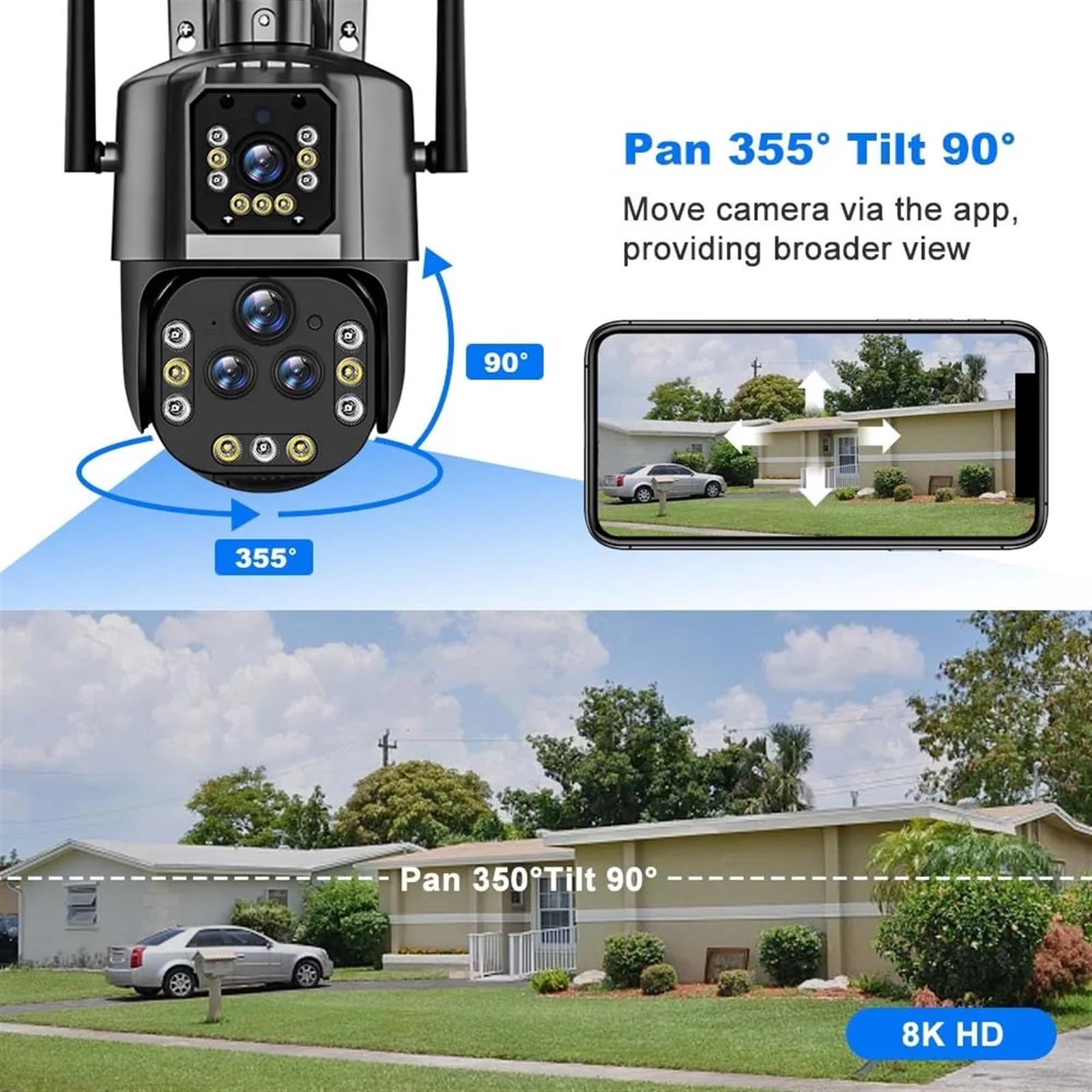 Cámara de Seguridad, Cámara IP de 16MP y 8K con Zoom 20X, cámara Seguridad inalámbrica for Exteriores, 4K, PTZ Cuatro Lentes, cámaras vigilancia CCTV for hogar Inteligente(4K Camera Add 32G)