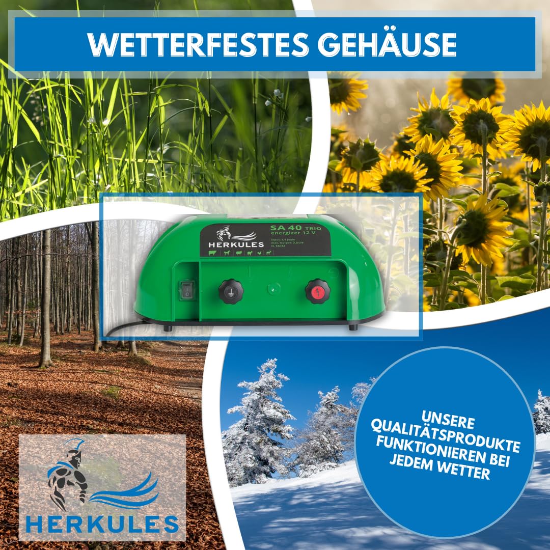 Herkules Weidezaungerät SA 40 - Flexibles 9V/12V/230V Trio-Gerät - Elektrozaungerät für bis zu 30 km Zaun - Mobiles Weidegerät mit 10000 V Leistung für Akku-, Batterie- und Netzbetrieb