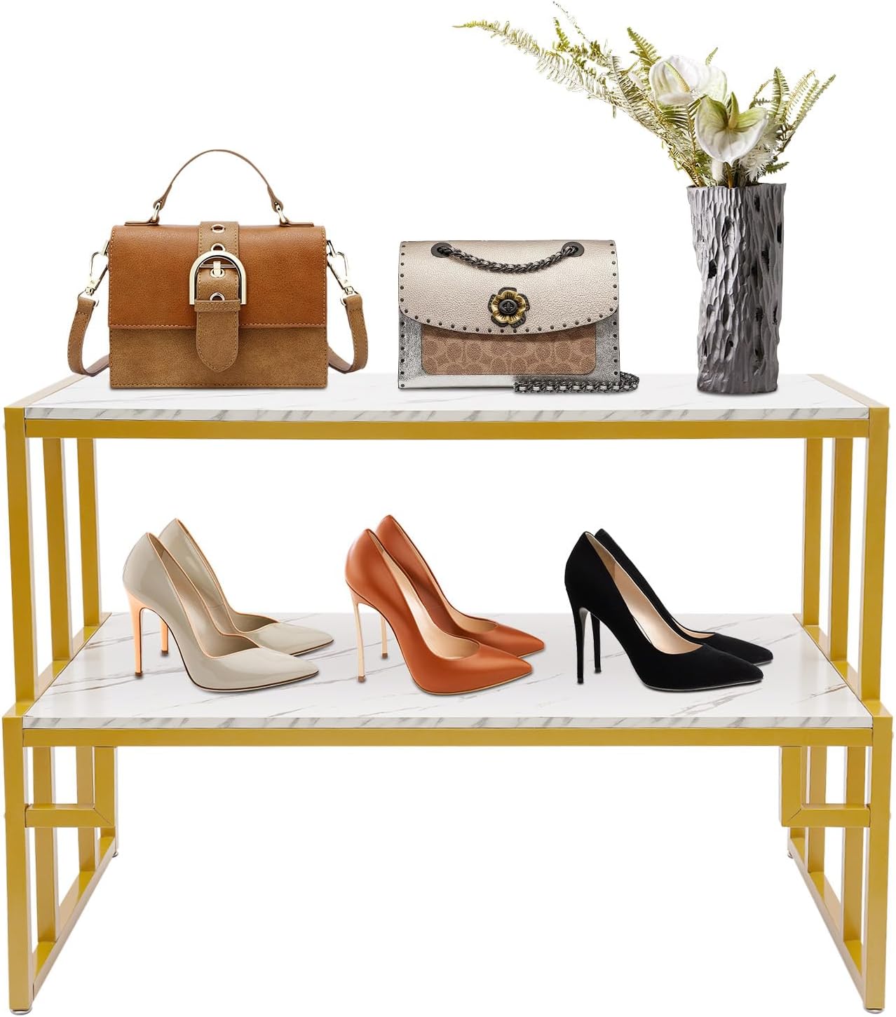 Metal Shoe Handbag Display Stand, 2 Tier Heavy Duty Display Riser Shelf Modern Standing Shoe Rack for Retail Stores, Gold Heavy Duty Display Table for Display Shoes, Clothes, Belts