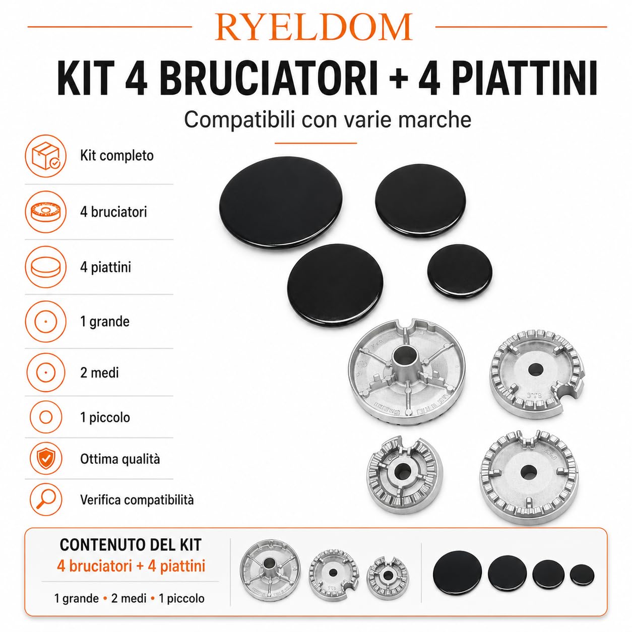 RYELDOM Kit 4 Bruciatori e 4 Piattini per Piano Cottura, Set Fuochi Cucina 1 Grande 2 Medi 1 Piccolo Compatibile con Varie Marche