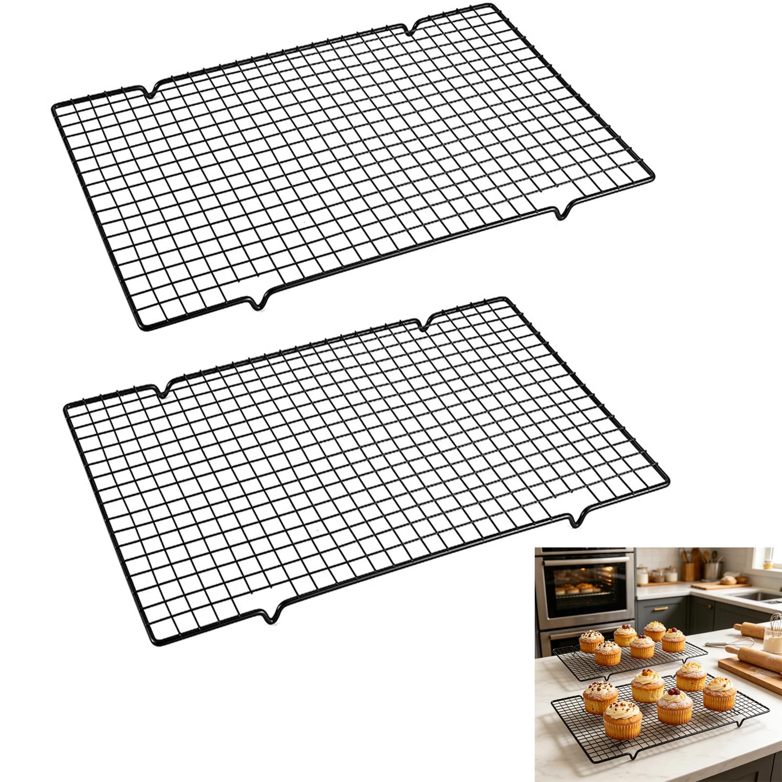 2 Pezzi Griglia di Raffreddamento, Griglia da Cucina con Griglia di Raffreddamento, Refrigeratore per Torta in Acciaio Inossidabile, per Cucina, Grill all'aperto, Produzione di Torte e Dessert (Nero)