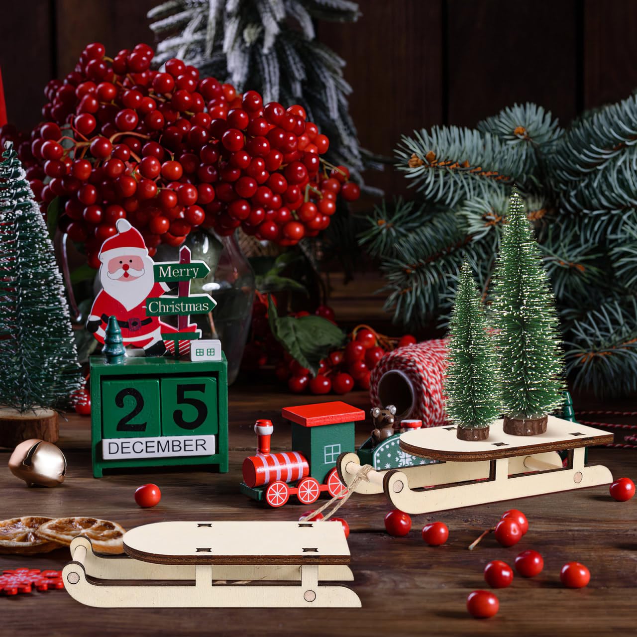Trineo en miniatura 18 piezas de trineo de Navidad en miniatura de madera modelo mini trineo ornamento DIY manualidades mesa trineo madera trineo árbol de Navidad decoración colgante Navidad mini