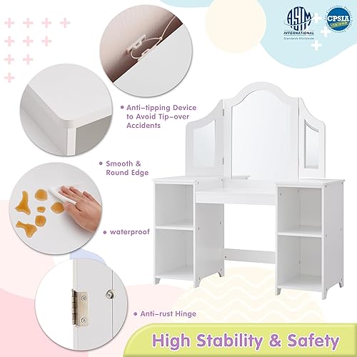 Miniatura 3 de Vanidad 2 en 1 para niños, mesa de maquillaje de princesa con armario de almacenamiento abierto, tocador de juego de simulación con espejo triple