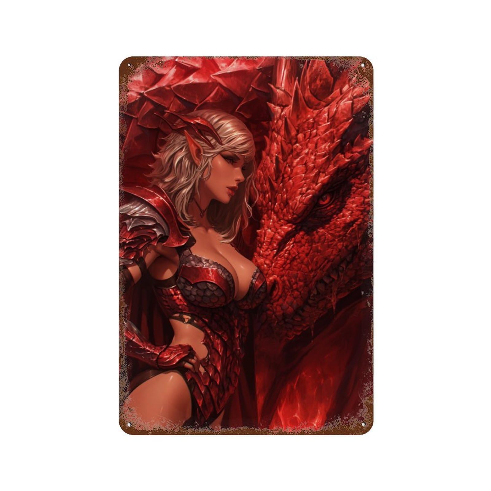 Rust Effect Dragon Armor Fantasy Artwork-3 Aged Metal Wall Plaque 11.8"x7.9", Industrial Home Decor for Cafe, Home Bar And Lounge Decor