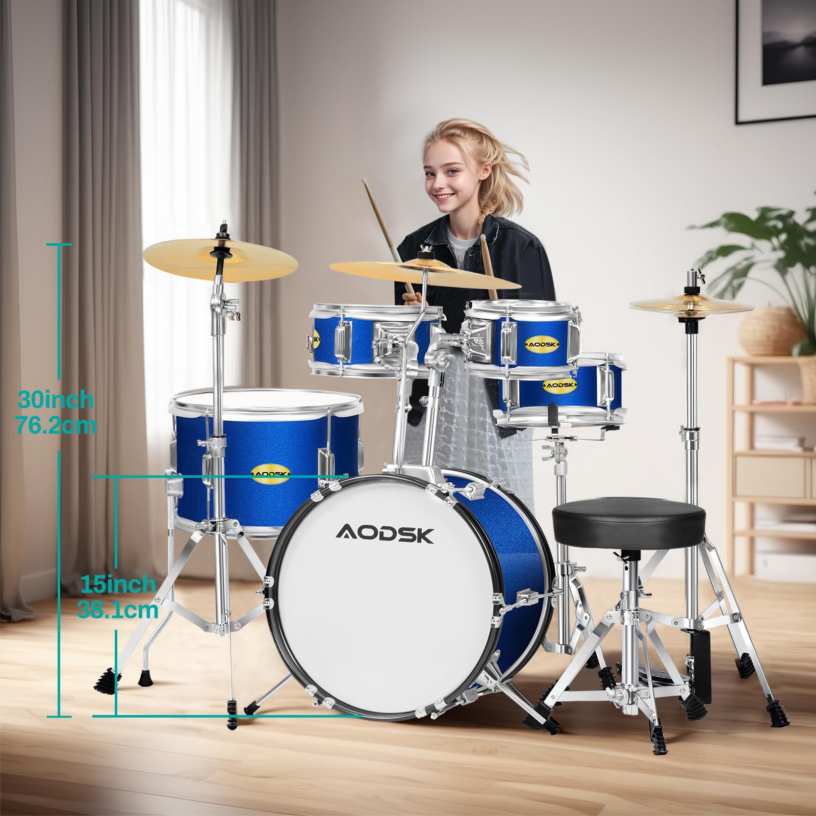 Juego de batería infantil de 5 piezas para principiantes, kit completo de batería de tamaño completo de 14 pulgadas con trono ajustable, platillo, Hi-Hat, pedal y baqueta, color negro 4