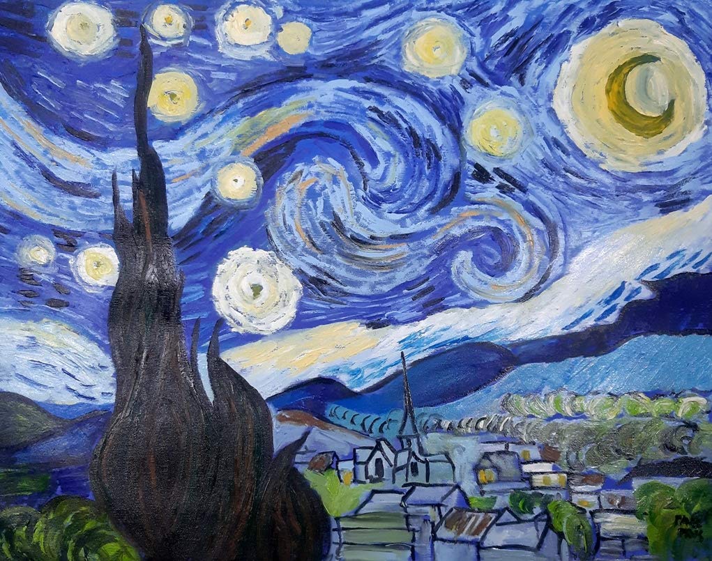 PawelPrus Vincent Van Gogh - Cartel de noche (70 x 55 cm, pintura al óleo pintada a mano en el marco interior, pintura al óleo y aceite sobre lienzo)