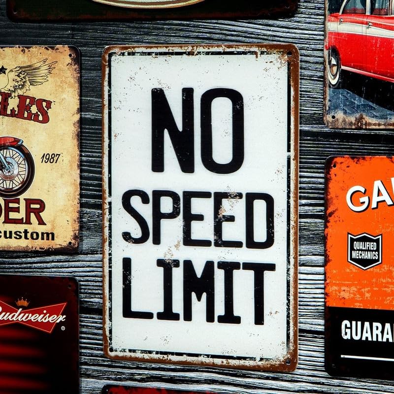 Image of Eazywagon Decorative Retro Metal Signs Wall Plate - 12x8 Inch (No Speed Limit) | Weatherproof Vintage Metal Sign Plate for Cafe, Home, Bar, Garage | Decorative Wall Hanging Sign Board