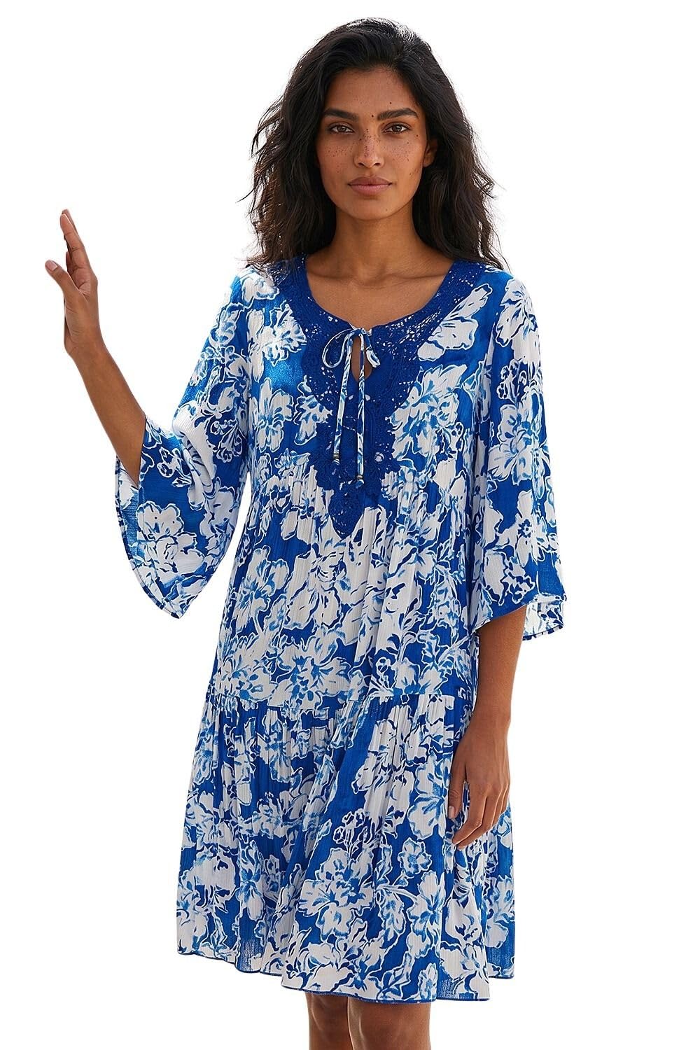 Roman Women's Blue Shadow Floral Lace Smock Dress Size 16