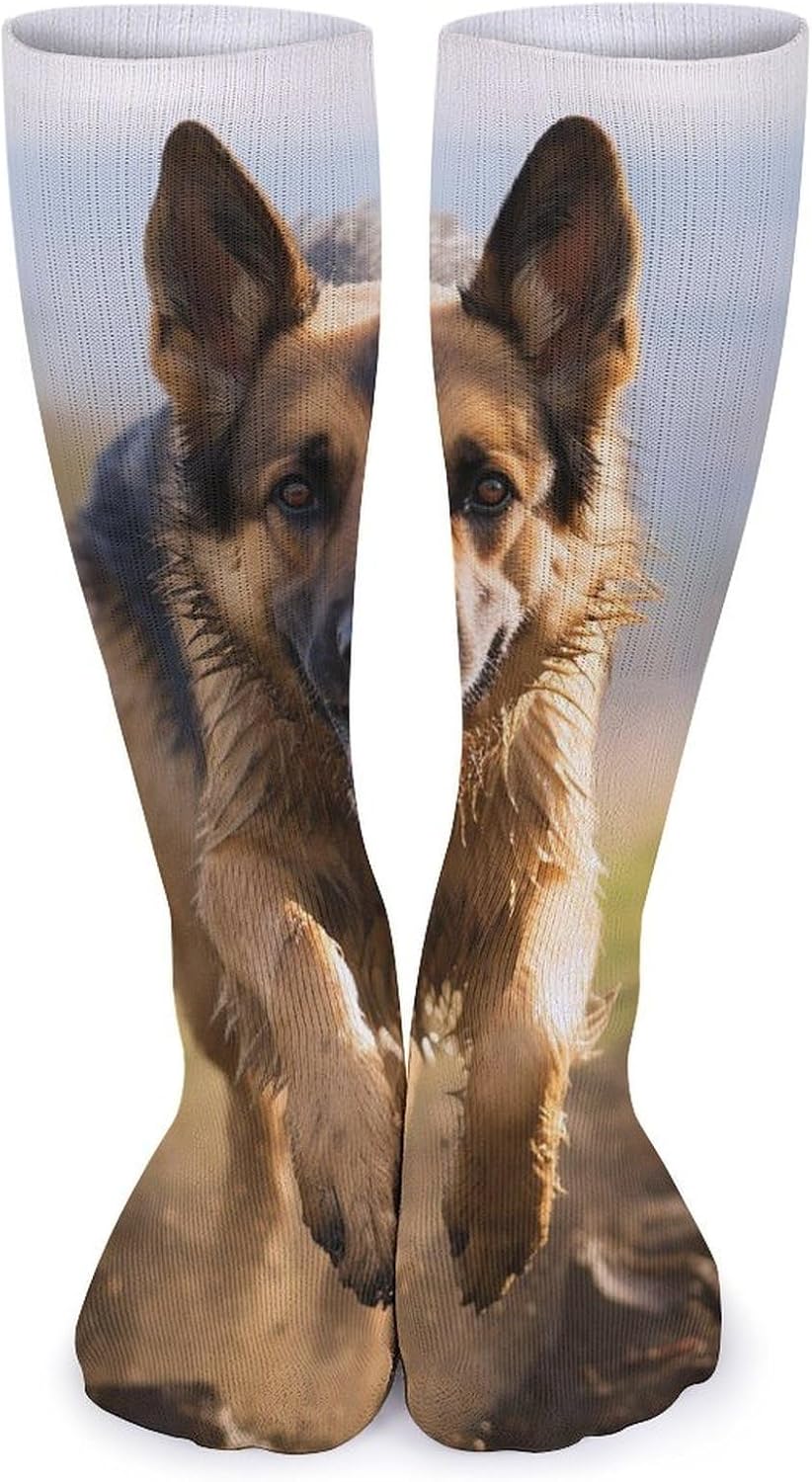 Breathable Crew Sock, Moisture Wicking, Athletic Calf Socks, Cozy | Running German Shepherd Dog Compression Socks for Women Men, Lightweight High Work Socks for Business, Casual