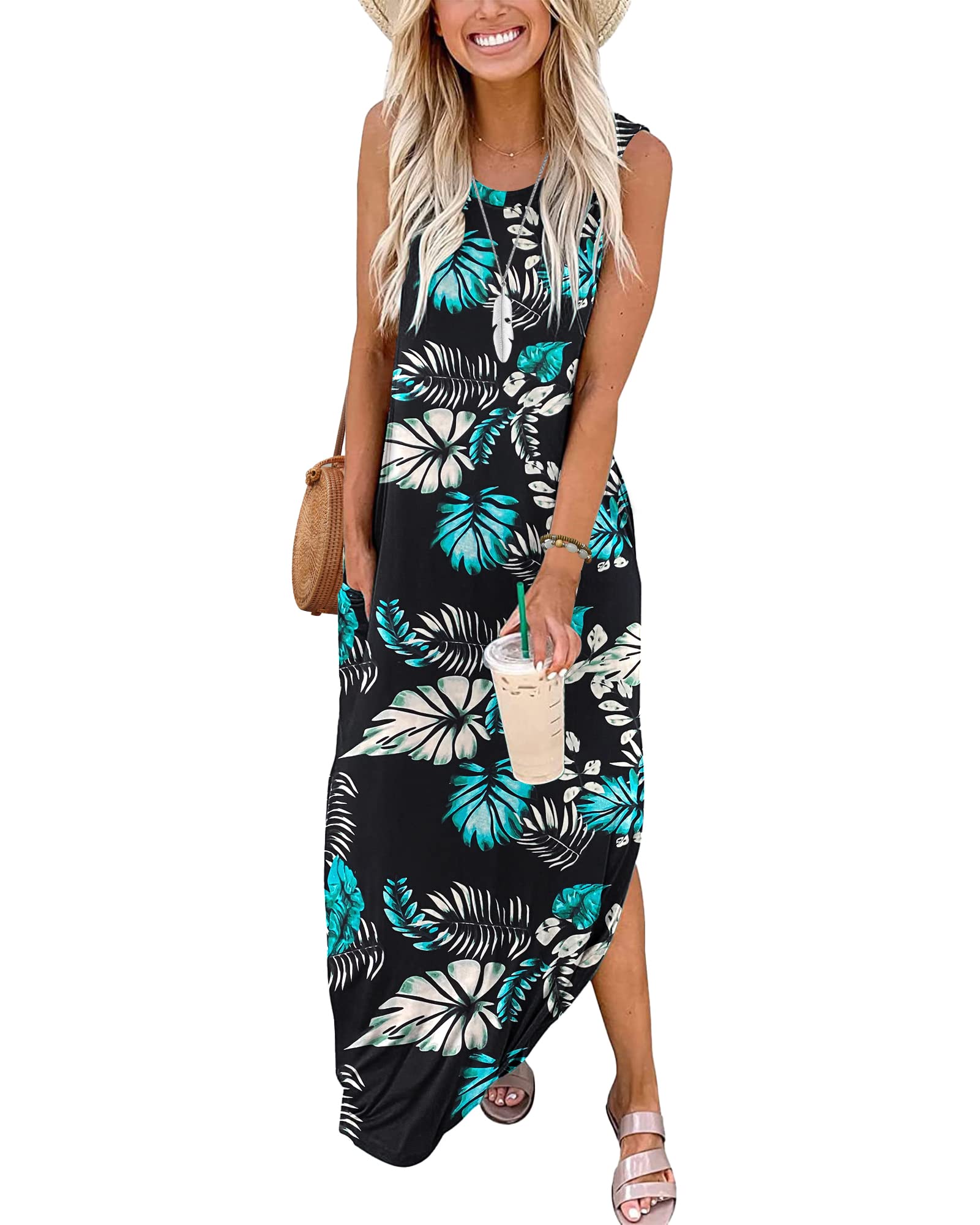 AUSELILY Maxi Dresses Women's Summer Sleeveless Beach Dress Long Summer Dresses Tank T-Shirt Dress with Pockets