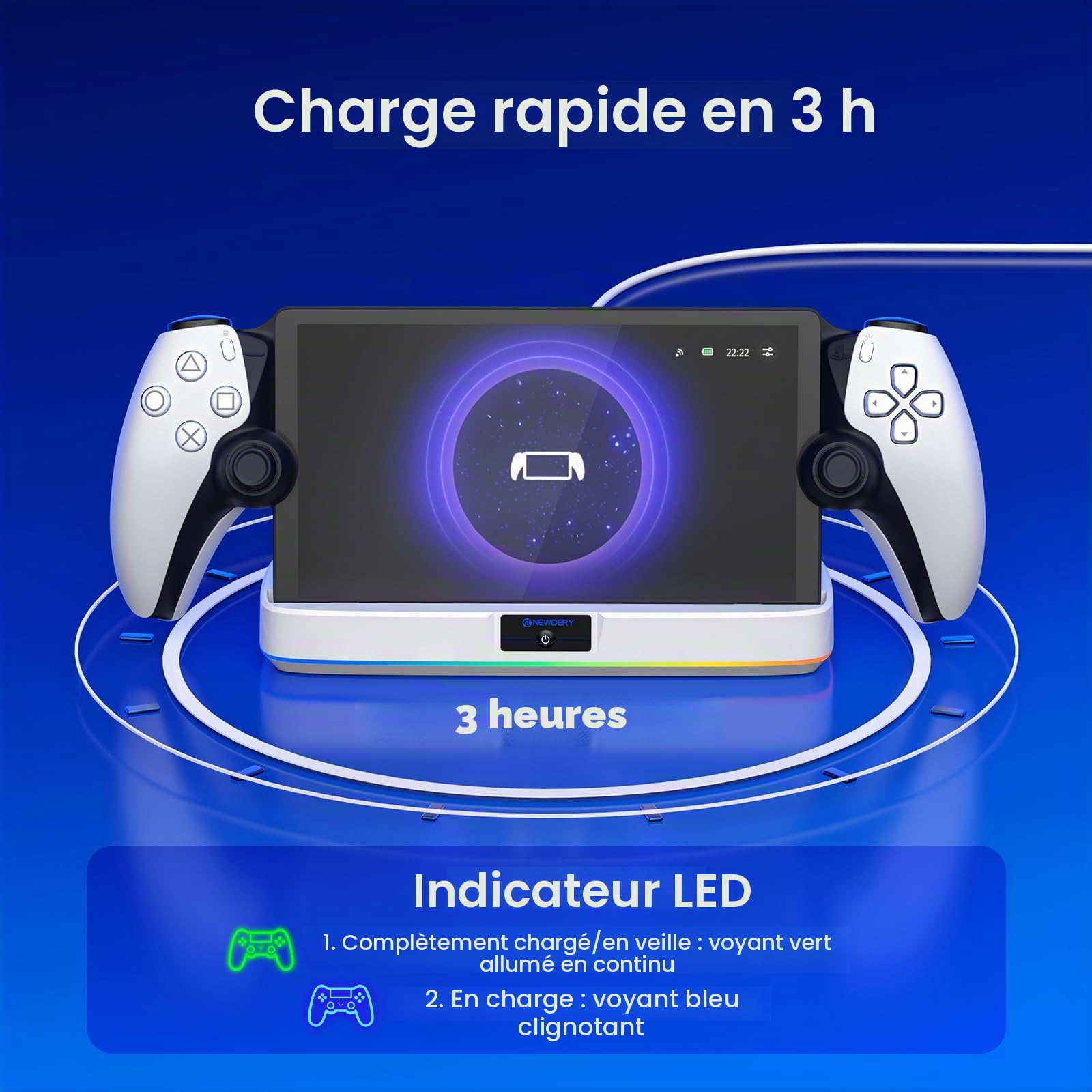 NEWDERY Station de Charge Compatible avec Les étuis pour PS Portal | Station de charge magnétique USB-C avec 9 modes d'éclairage RVB, compatible avec le lecteur distant PlayStation Portal, blanc