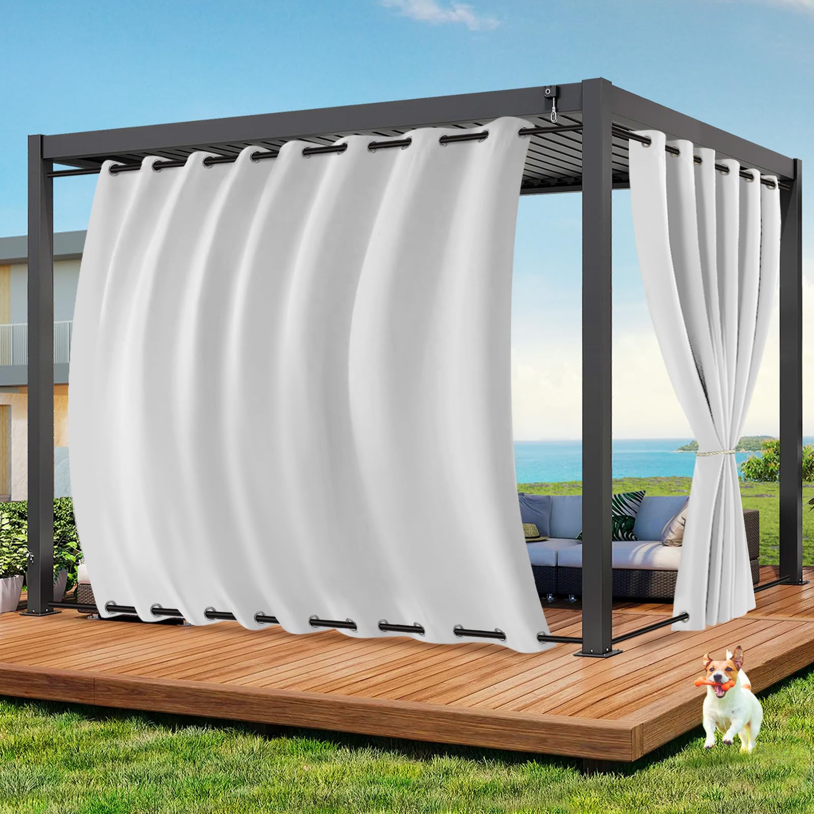 Outdoor Vorhang Wetterfest B254xH274CM, Wasserdicht Outdoorvorhänge mit Ösen, Aussen Gardinen Winddicht Sonnenschutz Sichtschutz für Garten Terrasse Balkon Pergola Pavillon (Grauweiß)