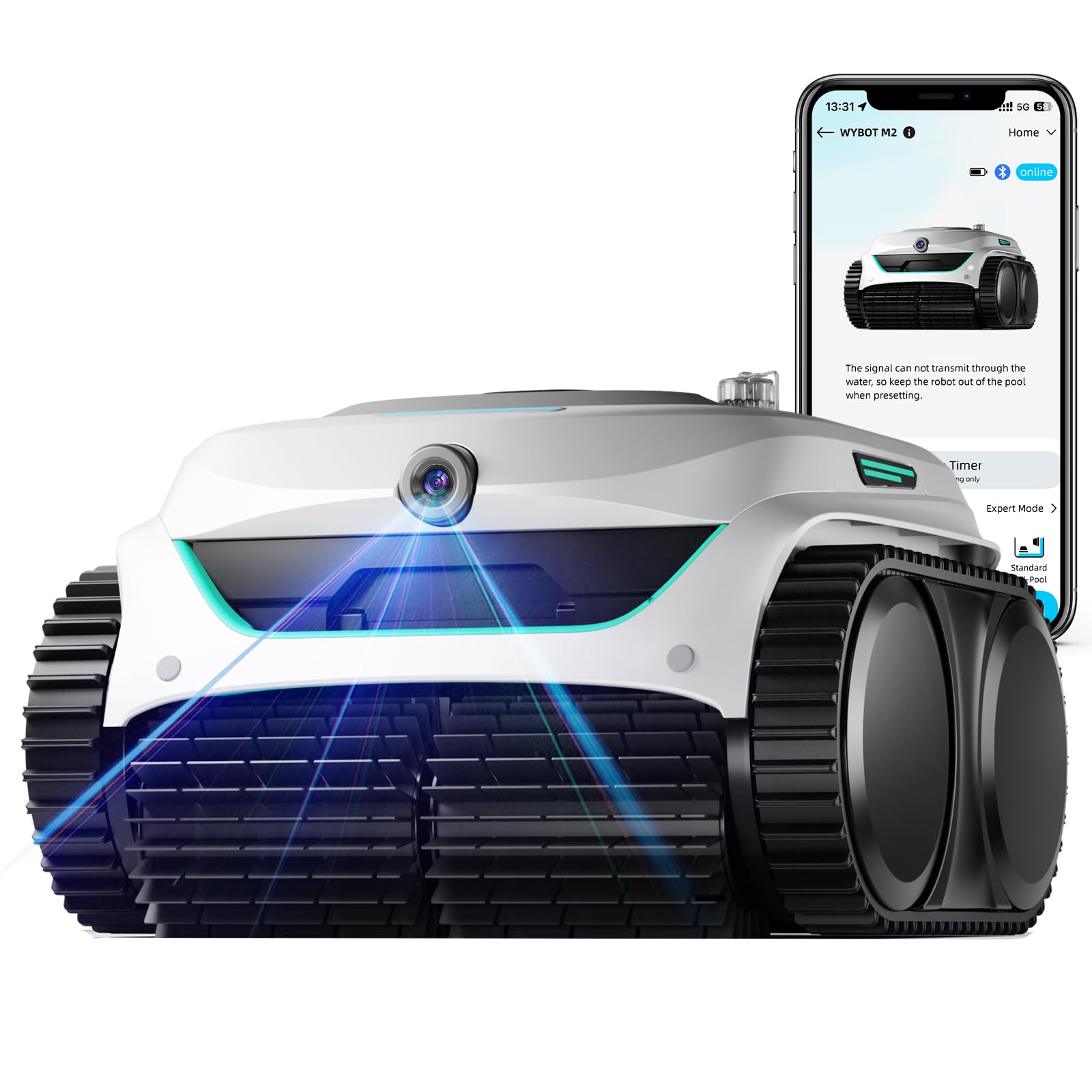 WYBOT C2 Vision Pool Robot Vacuum, Debris Detection with AI Camera, 8-in-1 Master Cleaning, Ultra-fine Filtration, Powerful Suction, for Above&Inground Pool up to 2152 Sq.ft, White Green-image-17