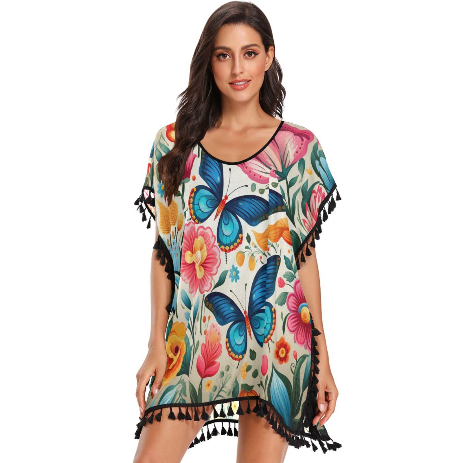 Flower Pattern Butterflies Art Women's Beach Cover Up Chiffon Tassel Swimwear Swimsuit Coverups for Girl