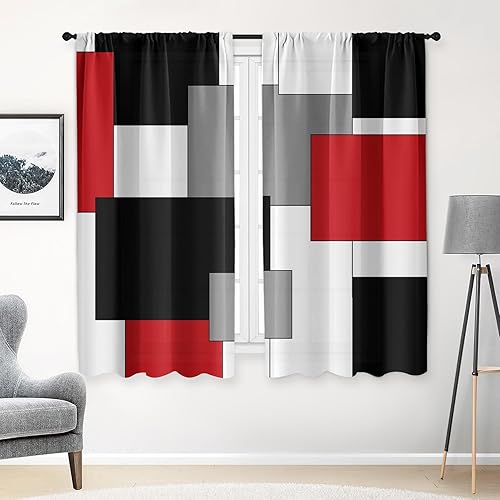 Vista 133 de Cortinas geométricas de cocina negras y grises de 63 pulgadas de largo, juego de 2, cortinas grises y blancas para dormitorio, sala de estar, Gris