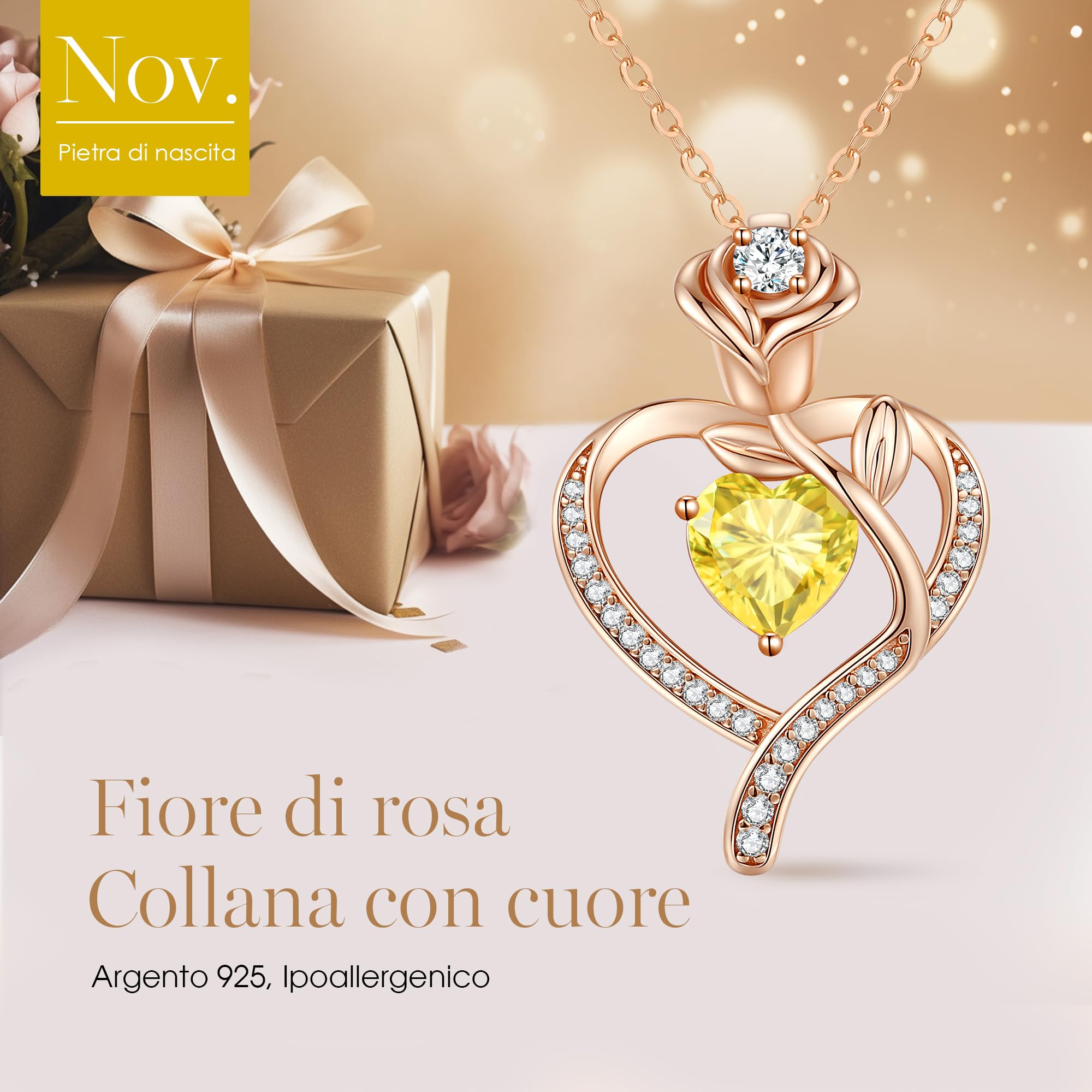 CDE Jewellry Birthstone Collana Donne, 925 Sterling Silver Rose Gold Jewellry Rose Heart Collana Pendente Anniversario Compleanno Regalo di Natale per donne Moglie Mamma Fidanzata Lady Suo