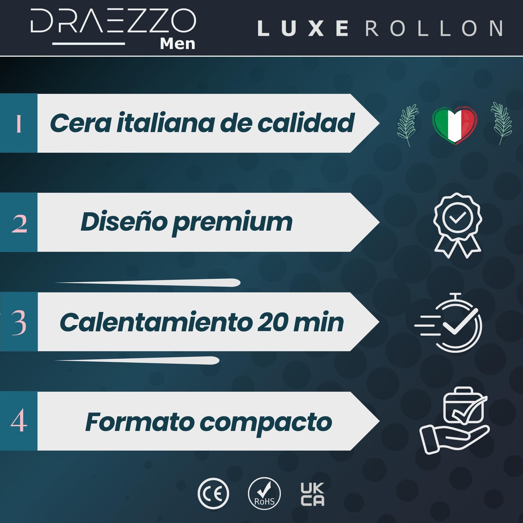 Man - Calentador Cera Roll On Profesional Kit para Hombre + 2 Cartuchos Cera Tibia Roll On Profesional - Descubre los Beneficios del Azuleno - Roll-On Depilacion