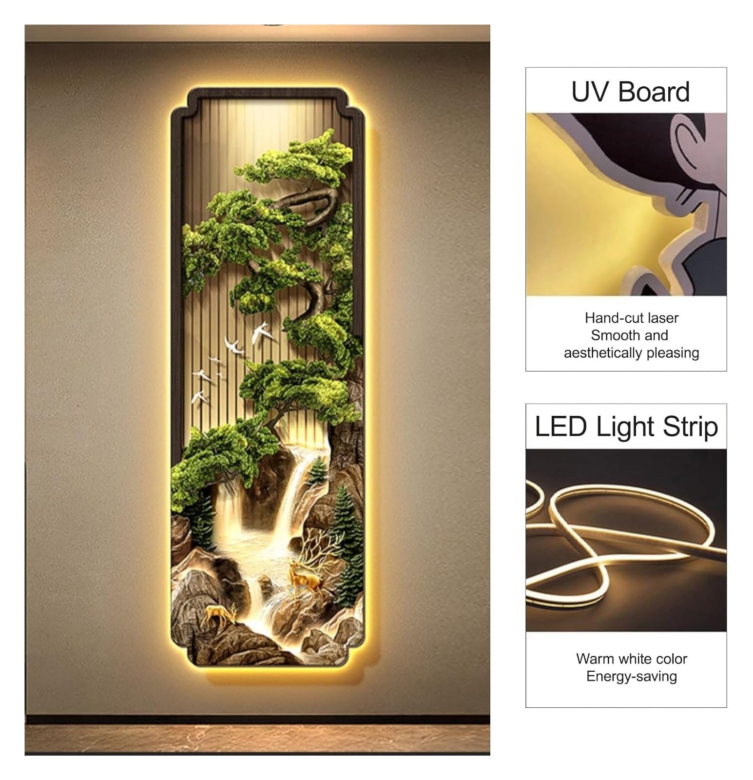 Decorazione murale 3D a LED - Murale con paesaggio cinese illuminato for casa, ufficio ed eventi(Brown-c,105 * 35cm/41 * 13.8in)