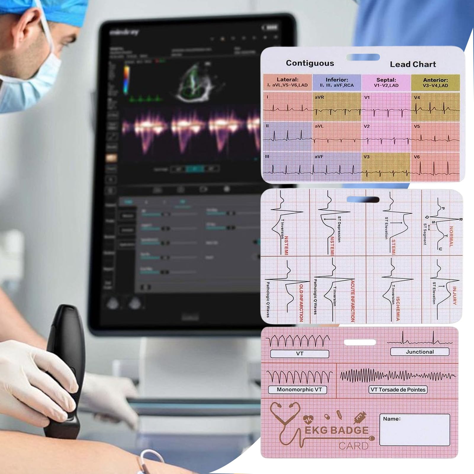 EKG - Libro di interpretazione ECG, cartellino tascabile, set da 3 pezzi, per clinica, telemetria, lavoro di emergenza