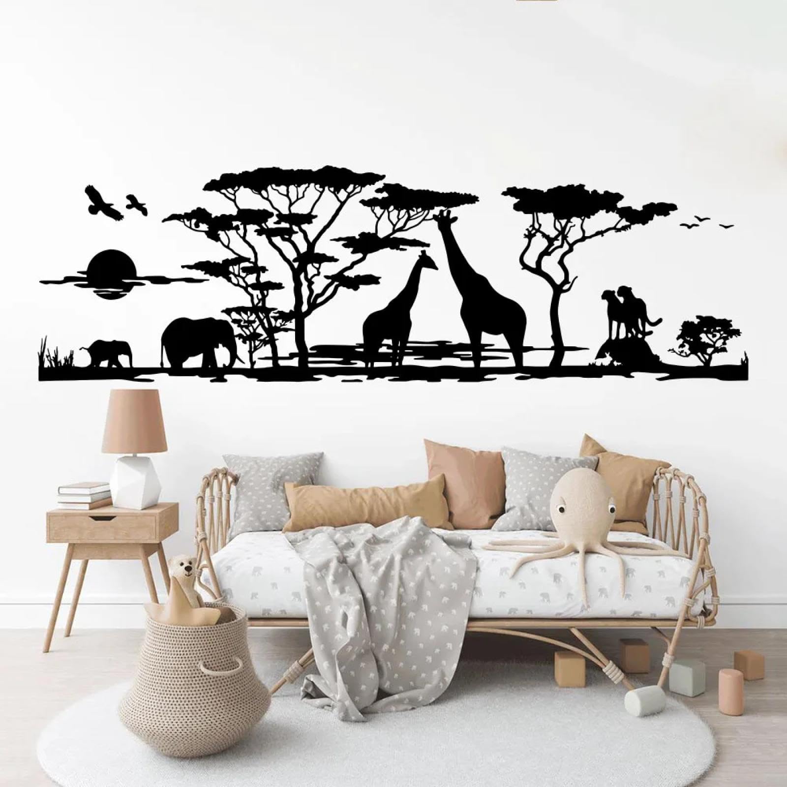 YOUOUSI Giraffe, Bird, Elephant, Zoo Jungle wall Decal, African Savanna Animal Tree wall Sticker, Living Room, Bedroom, Children's Room Decal.