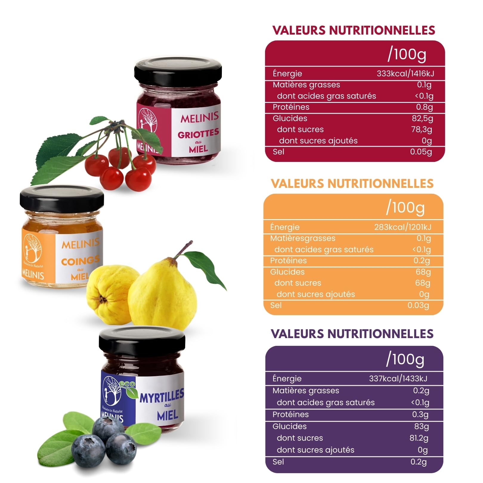 Coffret Dégustation 3 × 40 g – Miel Bio Tartinable aux Myrtilles, Coings Bereczki et Griottes – Sans Sucre Ajouté – Tartinables Naturels pour Petit-Déjeuner, Snacks et Cadeau Gourmet – Melinis