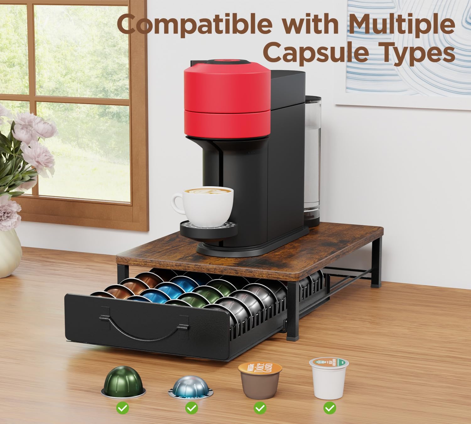 Wielofunkcyjny uchwyt na kapsułki do kawy Nespresso Vertuo 48–24 kapsułki i 32 kapsułki Dolce Gusto, mała szuflada do przechowywania kapsułek Vertuoline z drewnianym blatem, vintage antypoślizgowy