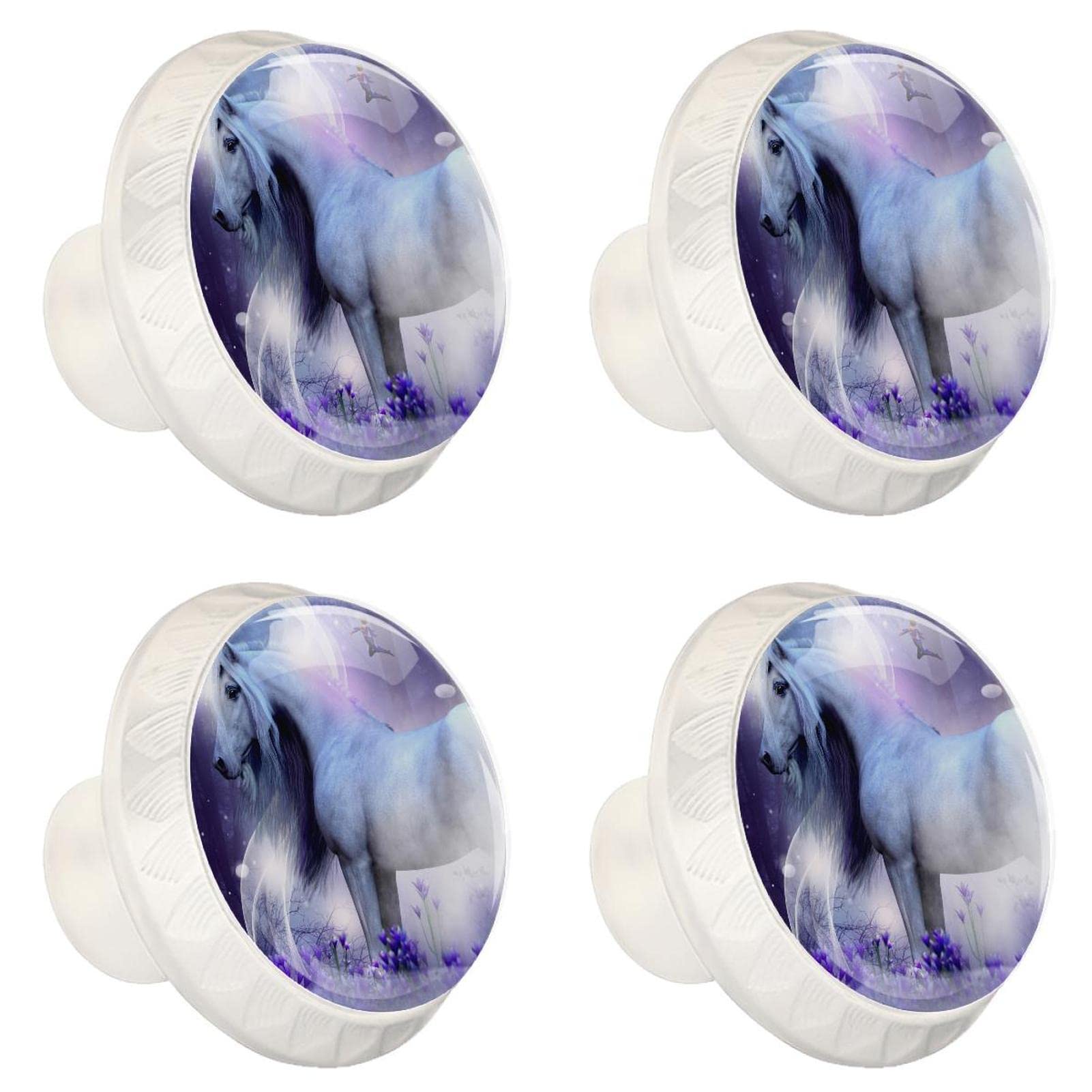 Schubladenknöpfe mit Einhorn-Feen, magisch, glitzernd, Pferd, für Kinderzimmer, Kommode, Schrank, Schrank, Küche, 4 Stück, 35 mm