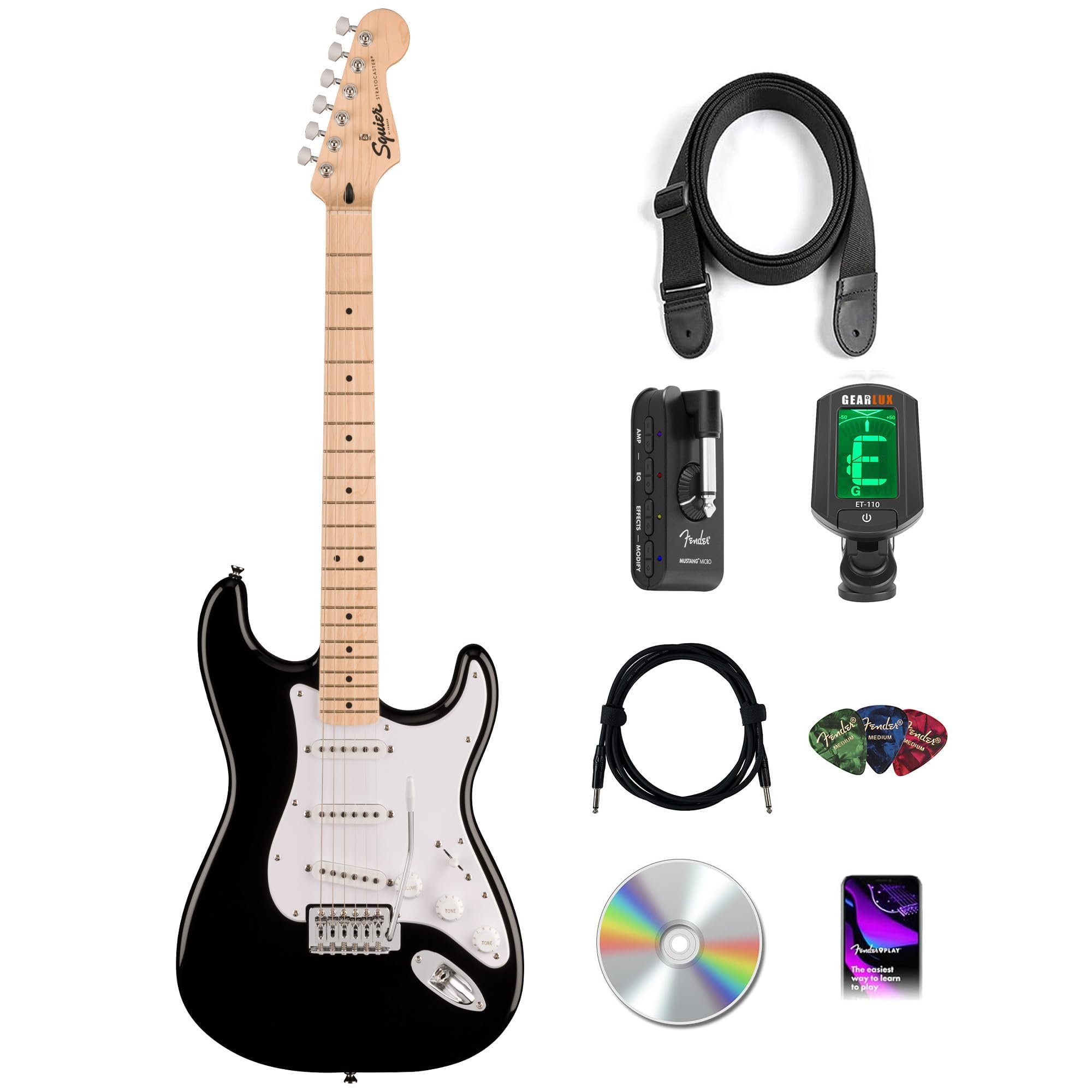 Fender Squier Sonic Stratocaster - Black Bundle with Mustang Micro Headphone Amp, Cable, Tuner, Strap, Picks, and Austin Bazaar Instructional DVD