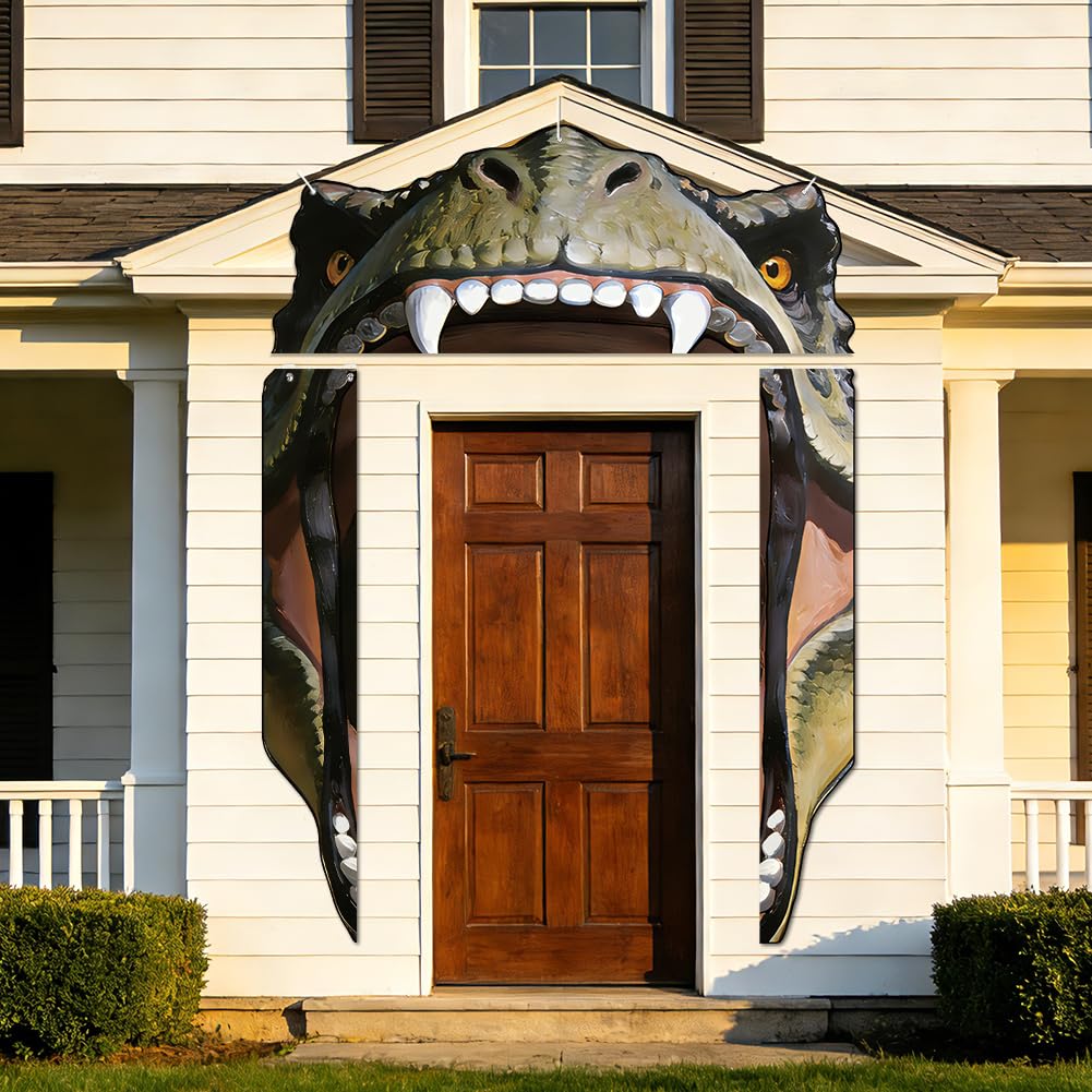 SUPERDANT 3Pcs Tyrannosaurus Rex Porch Banner Set Dinosaur Photo Booth Backdrop Supplies Jungle Safari Wall Hanging Sign for Door Lawn Archway Photography Backdrop Supplies Party Decorations