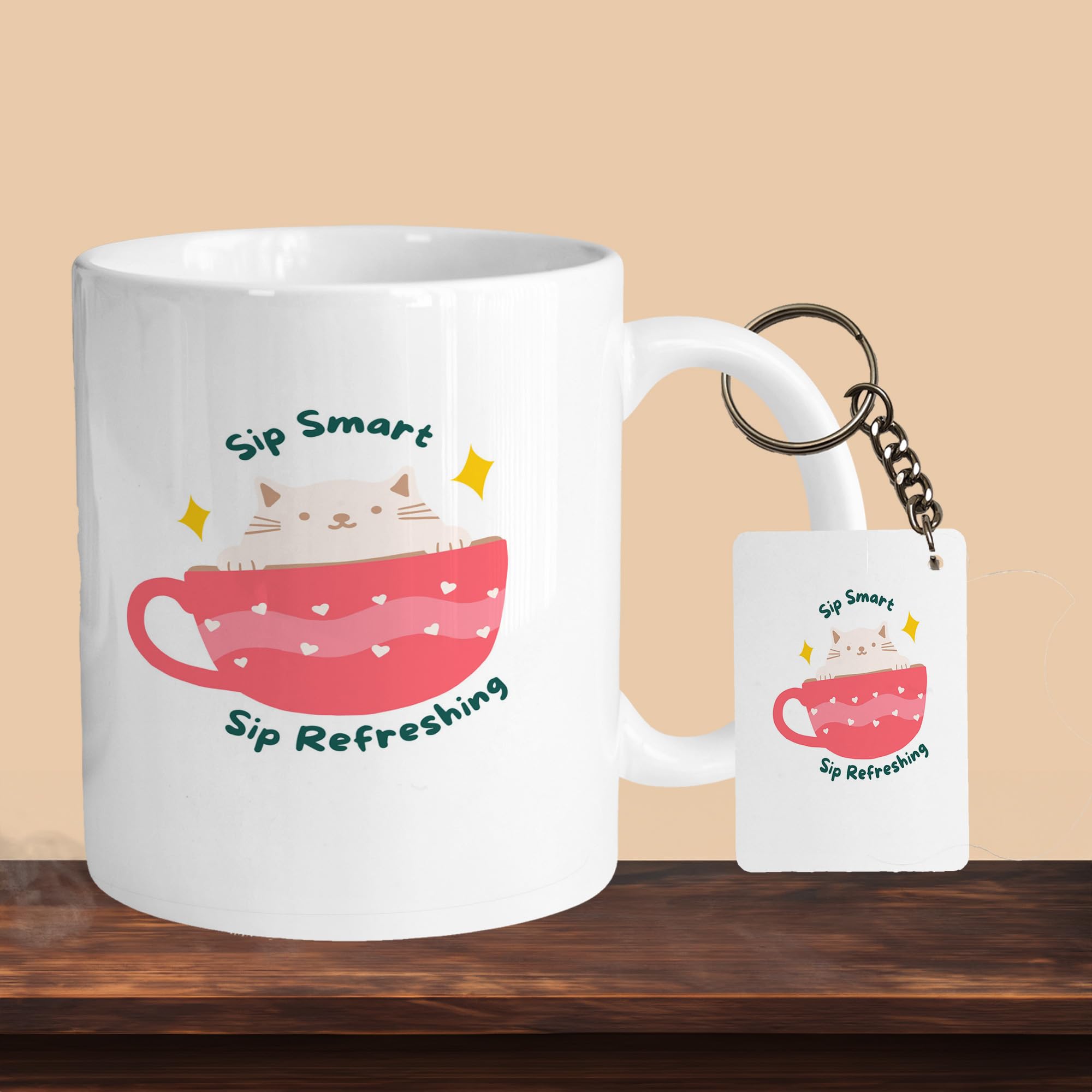 VM SHOPPING MALL Premium 330ml Ceramic White Coffee Mug - Perfect for Coffee and Tea - with Keychain Sip Smart Sip Refershing R-R