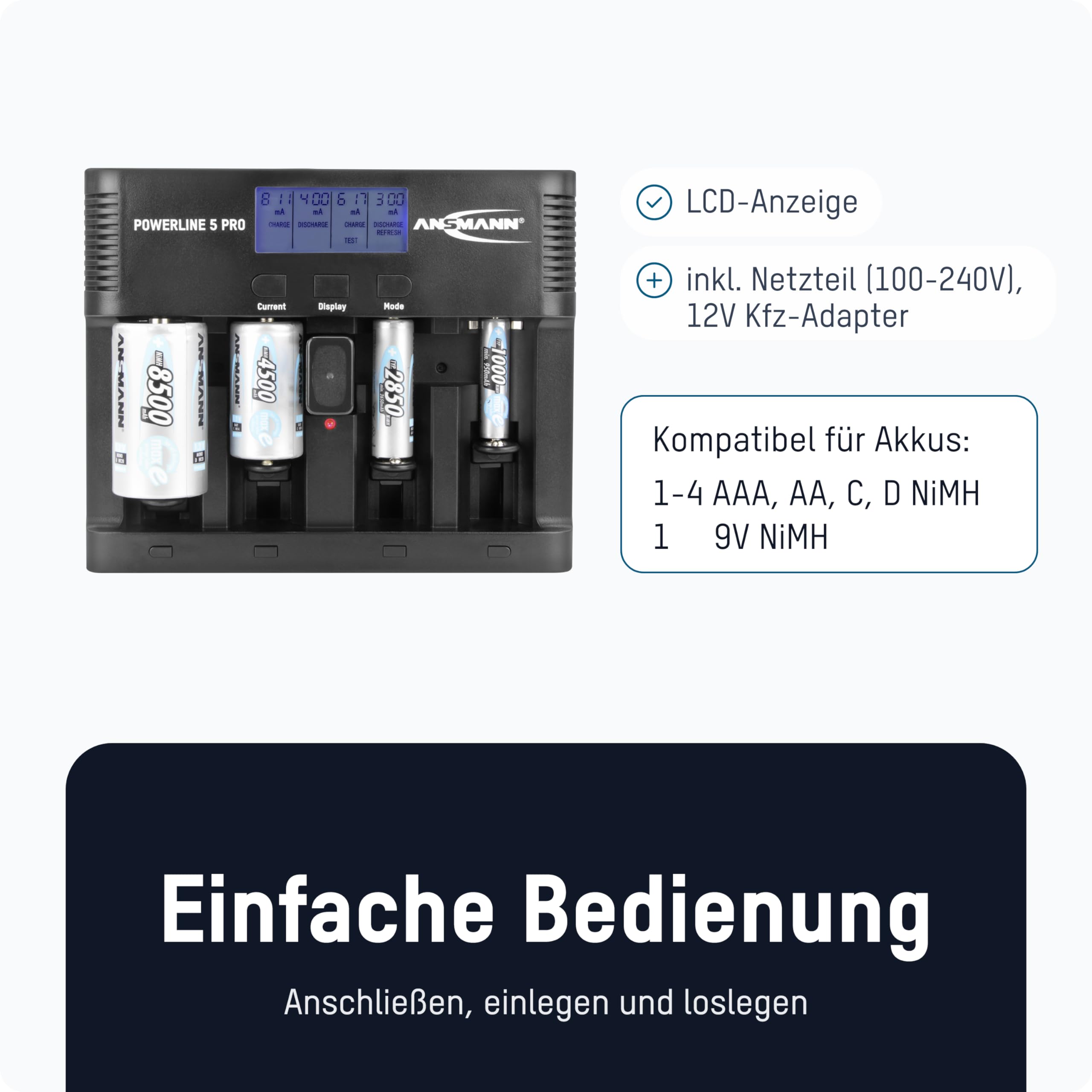 Ansmann Ladegerät für NiMH Akkus AA AAA C D & 9V Block - LCD Akkuladegerät | Auffrischfunktion, 12V Kfz-Adapter & Einzelschachtsteuerung Micro & Mignon