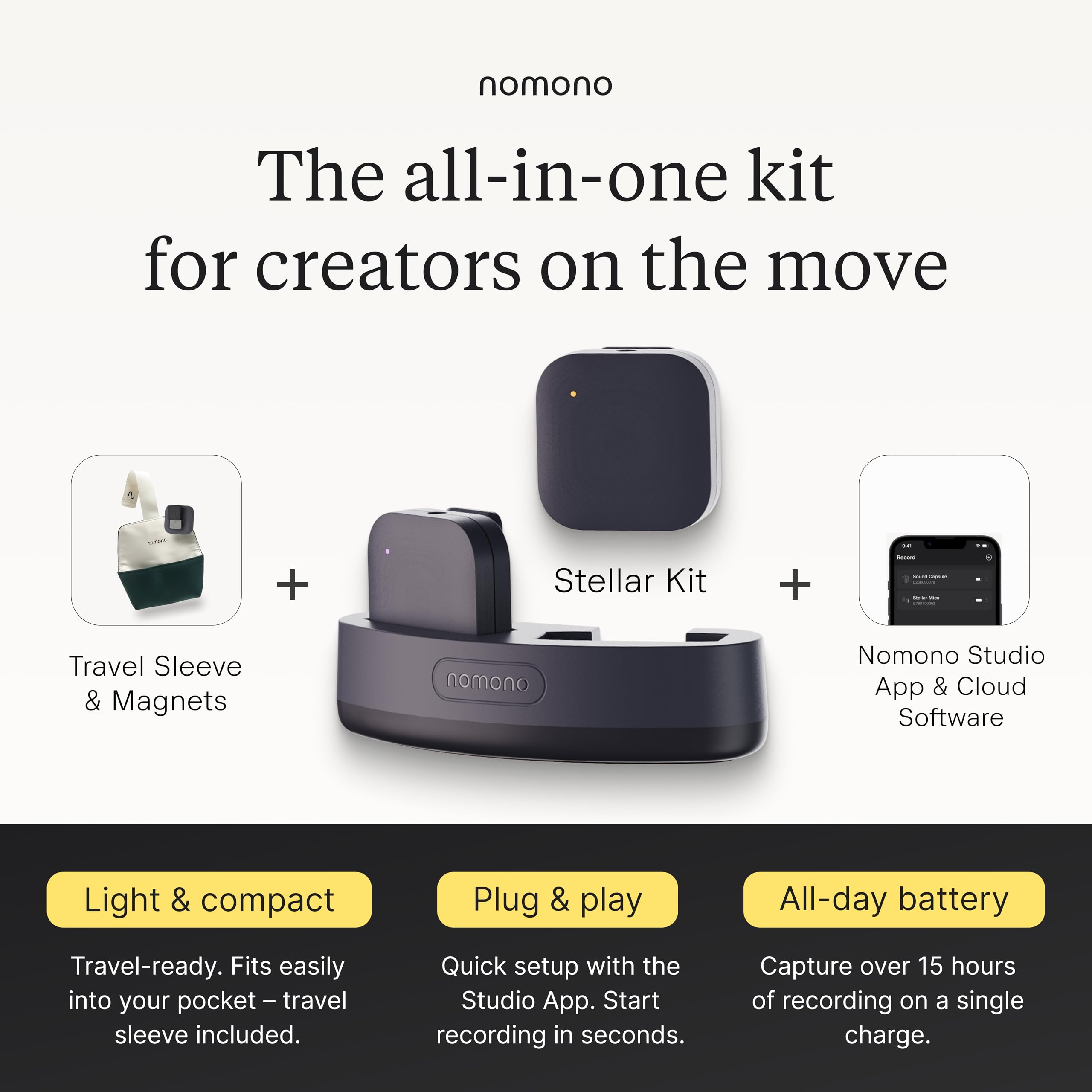 Nomono Stellar Kit | Tragbares Podcast-Kit mit 2 professionellen kabellosen Lavalier-Mikrofonen, Ladestation & Reisehülle, tragbares Audio für Meetings, Interviews, Podcasts und mehr