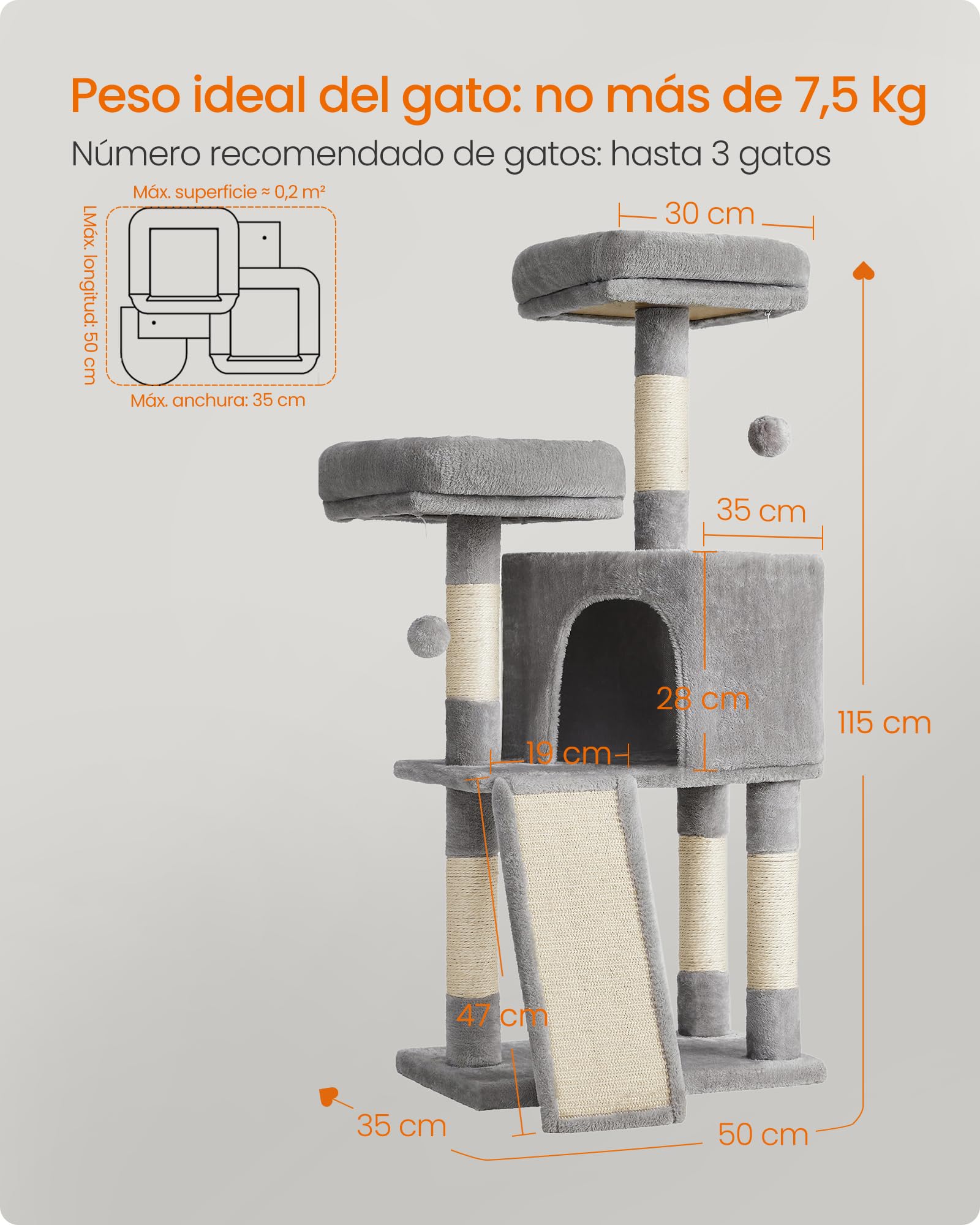 Feandrea Árbol de Gatos, Torre para Gatos, 115 cm, Gris Glaro PCT141W01