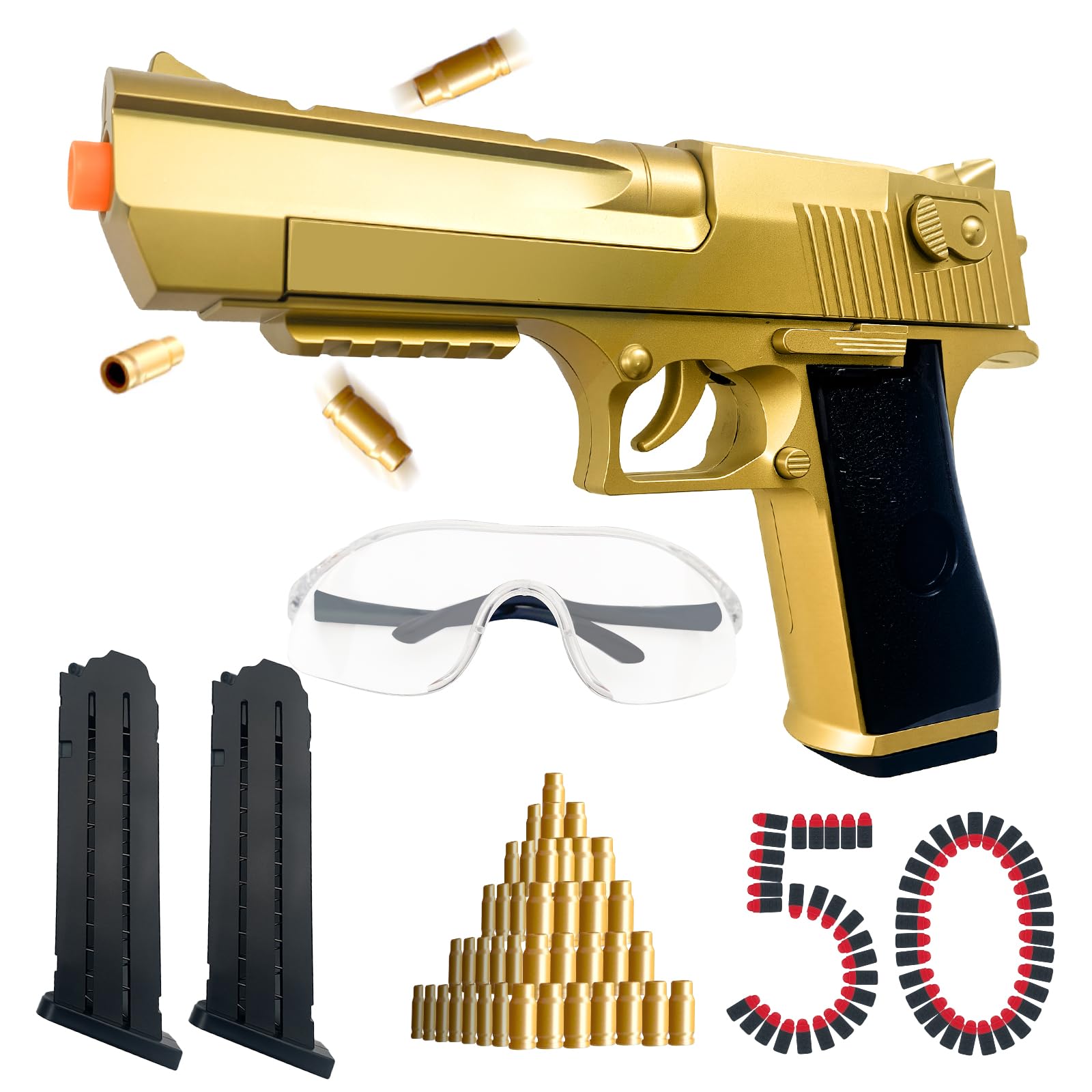 Shell Ejecting Toy Gun for Kids & Adults - Realistic Tactical Blaster with 50 Soft Foam Bullets, Safety Goggles - Shoots 32 Feet - Christmas Birthday Gift for Boys Teens - Outdoor Backyard Battle Game