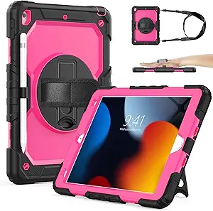 SIBEITU Case Compatible with iPad 9th/8th/7th Generation with Screen Protector Pen Holder, iPad Case 10.2 Inch, Heavy Duty Protection Cover W/Stand Hand Shoulder Strap for iPad A2602 A2197