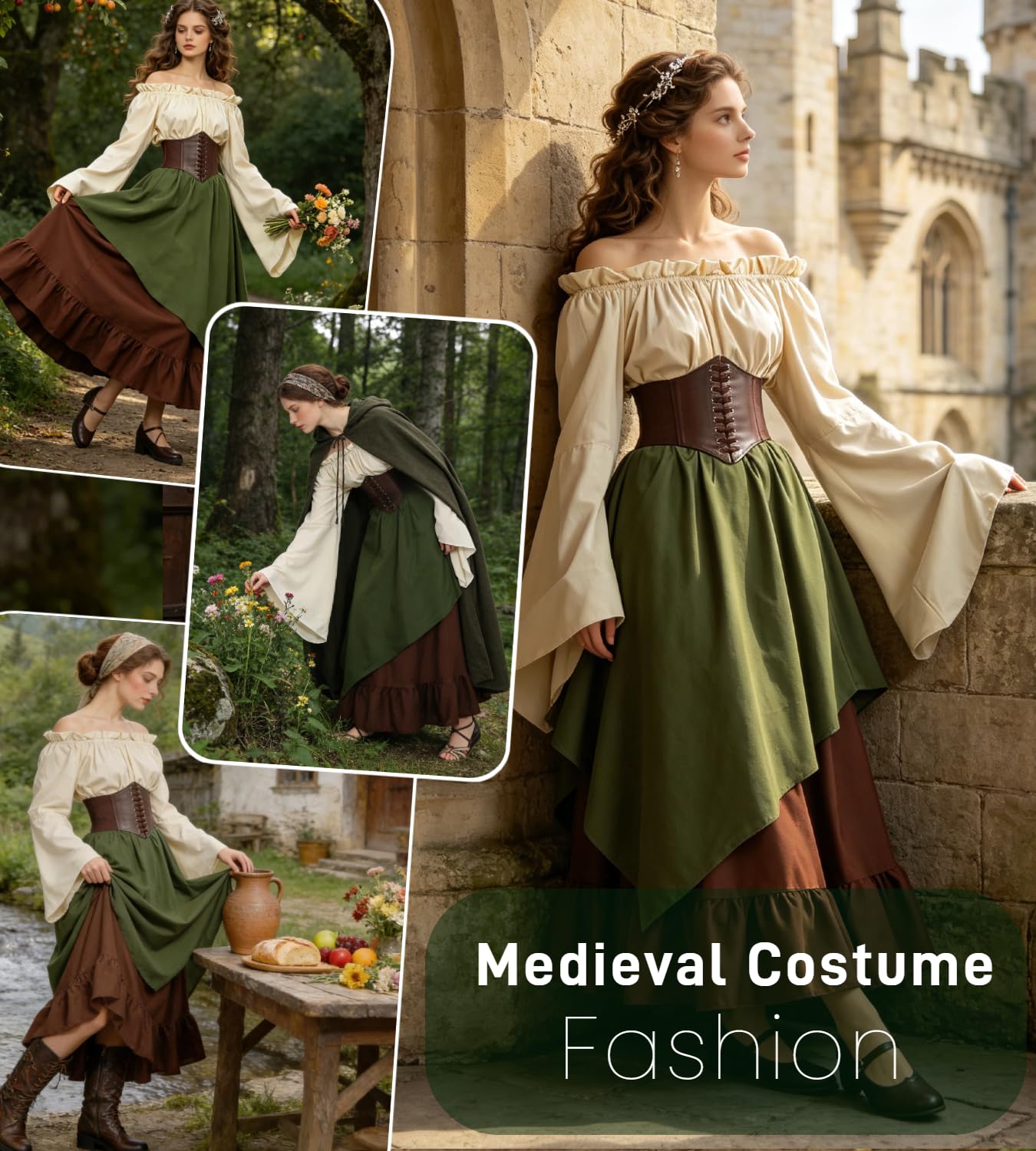 kasahara Mittelalter Kleidung Damen Set, Retro Off Shoulder Bluse Kleid Renaissance Kostüm Victorian Bekleidung Maxi Dressm mit Corsett Karneval Faschingskostüm