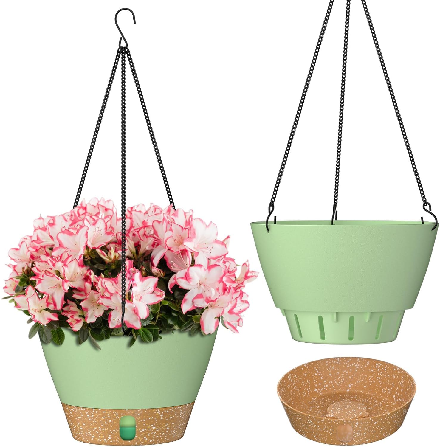 ZMTECH Hängetopf für Pflanzen, 20cm Blumentopf Ampel Hängend, Kunststoff Hänge Blumentopf mit Untersetzer für Außen Draußen Deko für Garten Balkon Wohnzimmer(2er-Set, Grün)