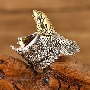 Vintage Two Tone 925 Sterling Silver Eagle Ring Golden Head