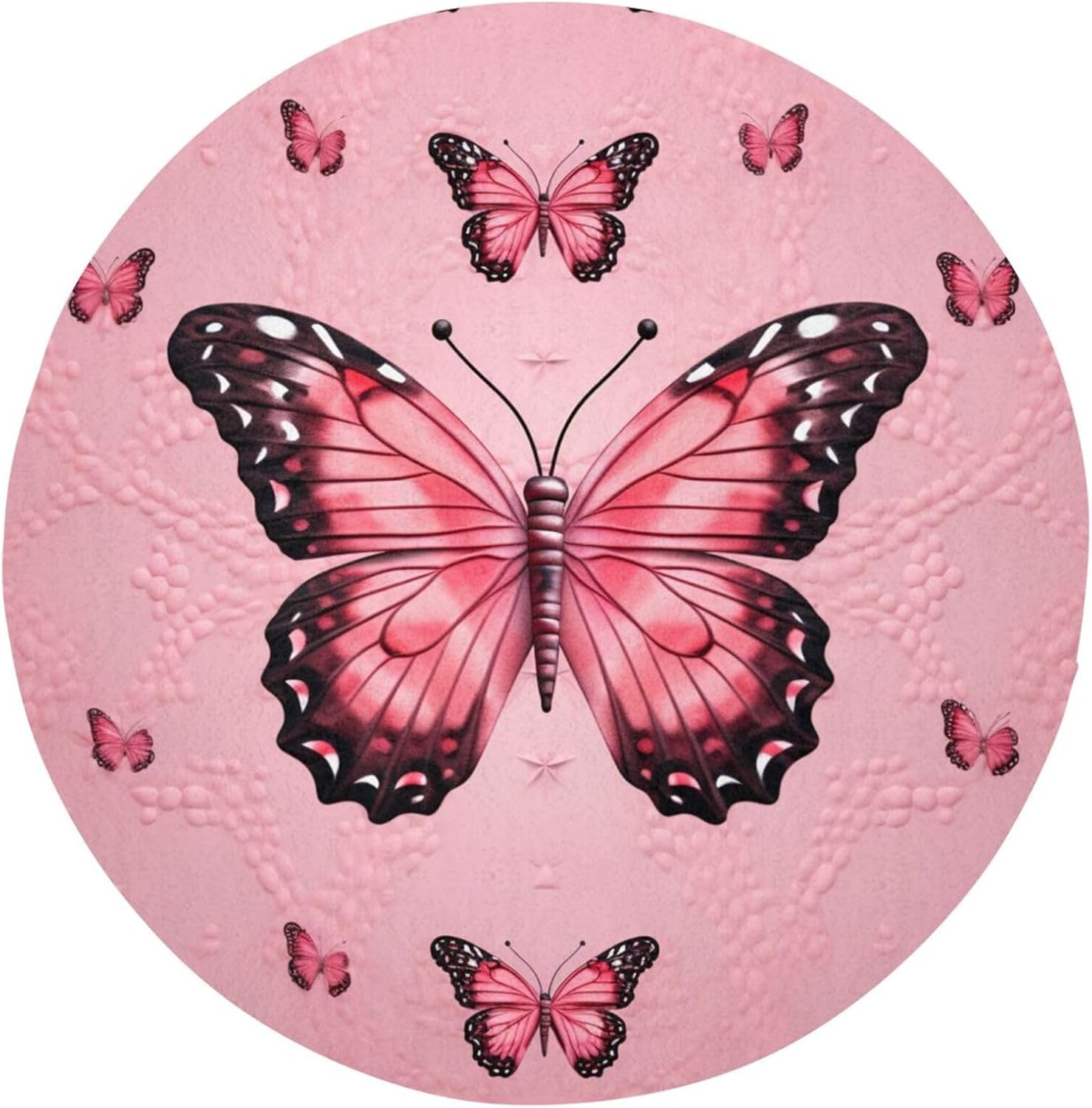 Butterfly Pink Print Round Area Rug Flannel Non-Slip Washable Soft Carpet Floor Mat Home Decor for Living Room Bedroom Study