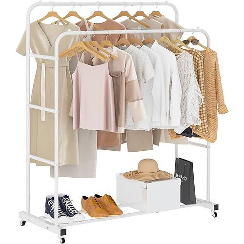 Laiensia Double Rods Clothing Rack with Wheels, Garment Rack for Hanging Clothes, Multi-functional Bedroom Clothes Rack, White