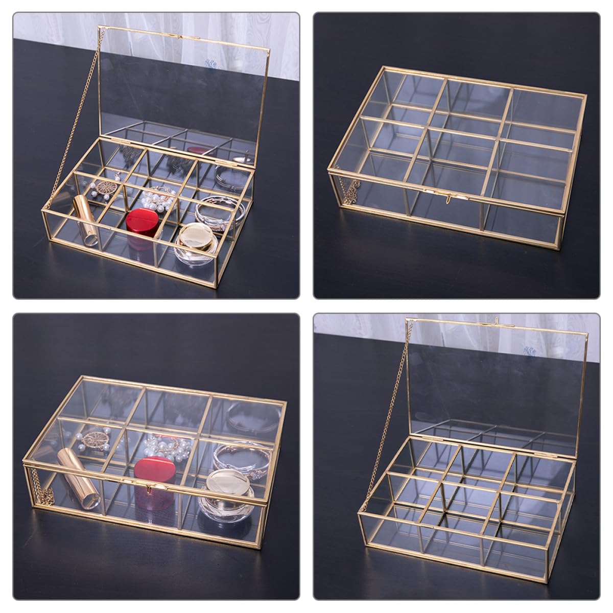 KICHOUSE Schmuckkästchen mit 6 Fächern, Legierung und Glas, Multi Slot | Ringe und Halsketten, Transparentes Design, für Schmuckläden und Zuhause