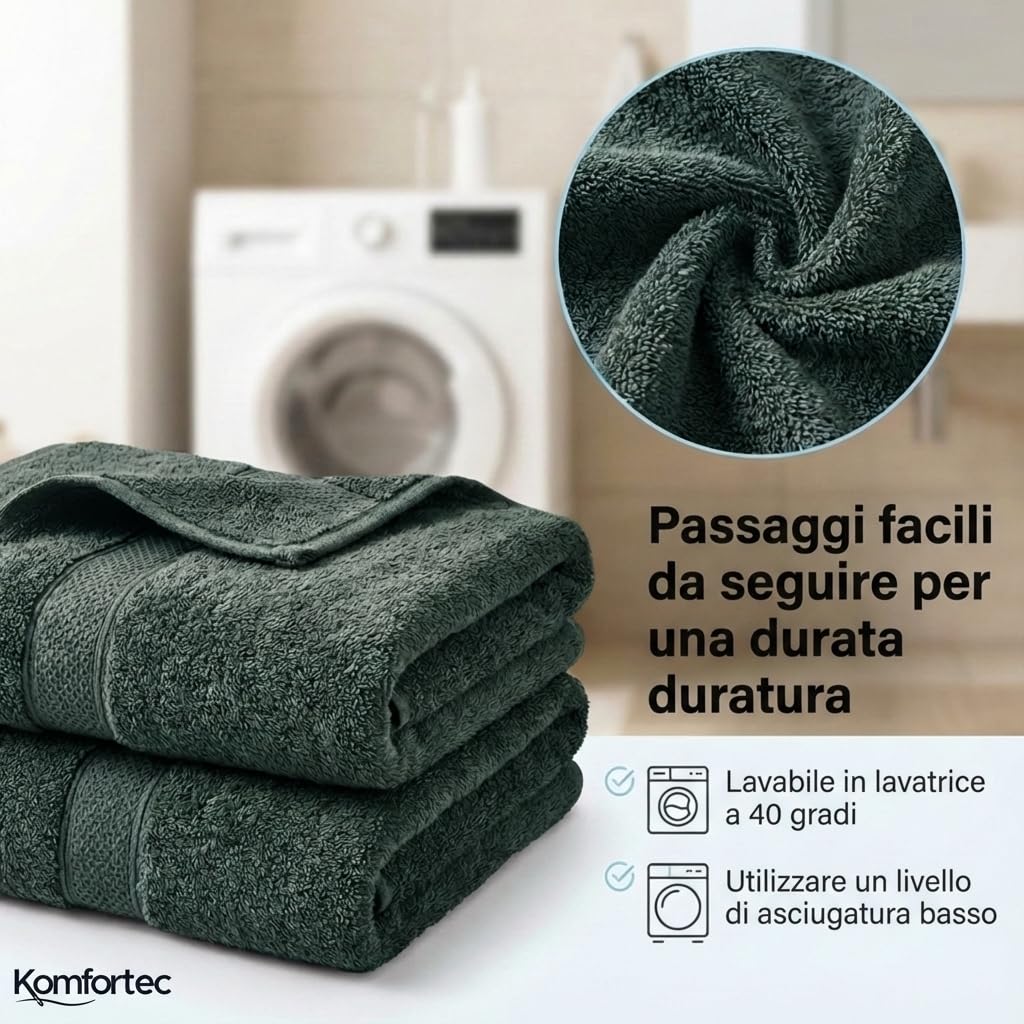 Komfortec Set di 8 asciugamani in 100% cotone, 4 teli da bagno 70 x 140 e 4 asciugamani da 50 x 100 cm, spugna, morbido, grande, verde scuro