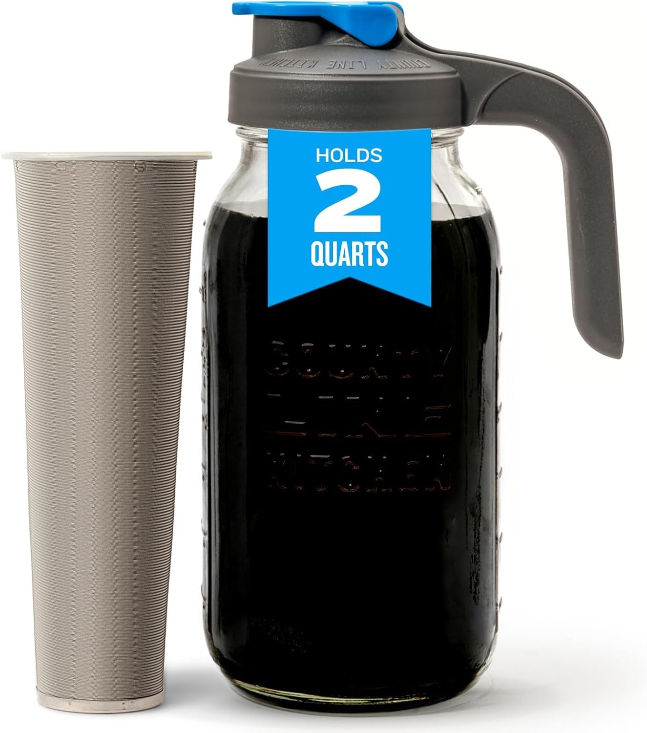 County Line Kitchen Cold Brew Coffee Maker, Mason Jar Pitcher - Heavy Duty Soda Lime Glass w/Stainless Steel Mesh Filter & Flip Cap Lid - Iced Tea & Coffee